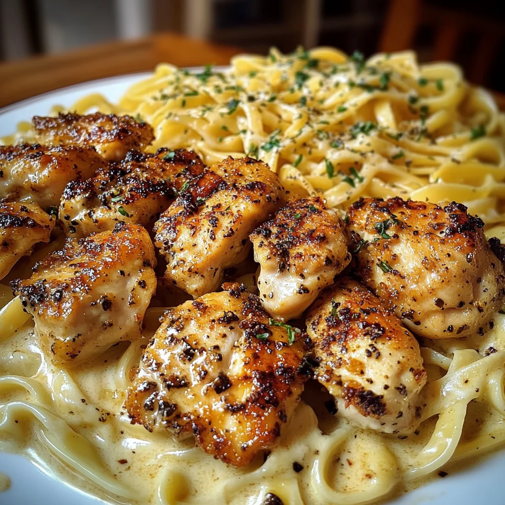 Cajun Chicken Bites with Cheesy Alfredo Linguine