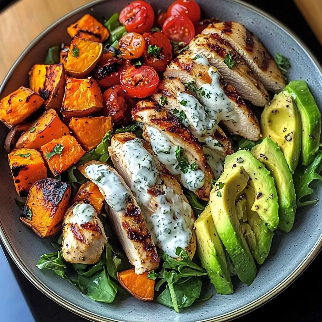Grilled Chicken Power Plate with Sweet Potatoes & Avocado Salad