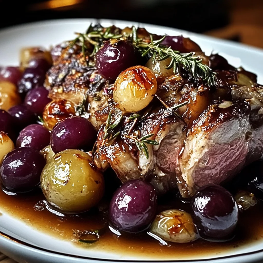 Slow-Roasted Lamb Shoulder with Rosemary, Garlic Cream & Caramelized Grapes
